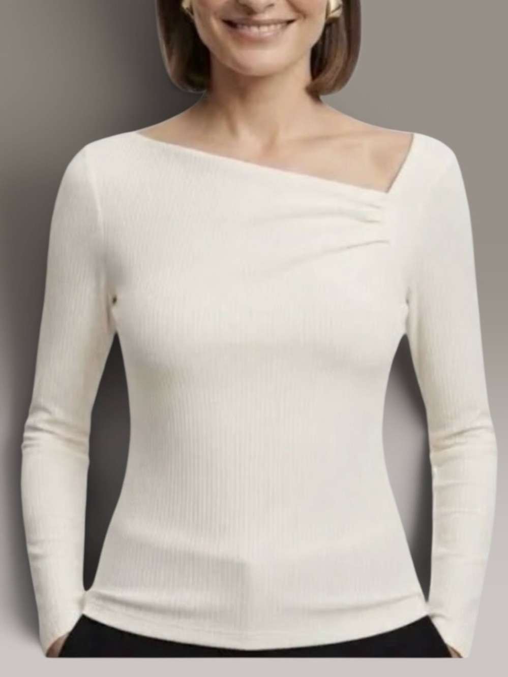 🍁 🆕 LOFT Asymmetric Neckline Top/Tee. Long Sleeve. Whisper White, Size L. NWT - Picture 2 of 11